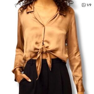 Wilfred Aritzia Cupro Satin Tie Front Golden Brown Crop Blouse
